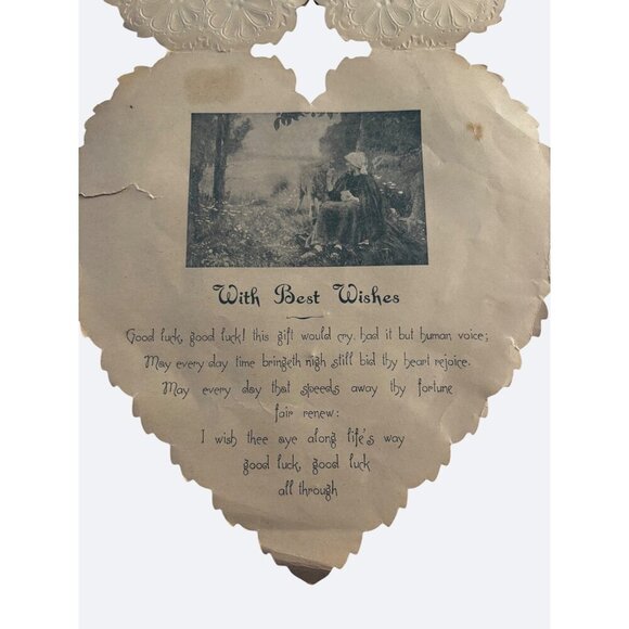 Antique Valentine Card Die-Cut Heart-Shaped Lace Embossed Birds Scene Victorian - Picture 5 of 6